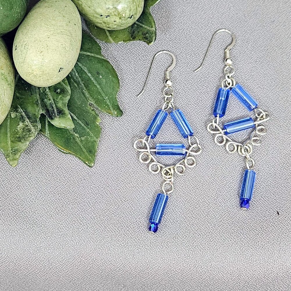 Sterling Silver Wirewrapped Earrings of Blue Glass Tube Beads, Handmade 2 3/4"